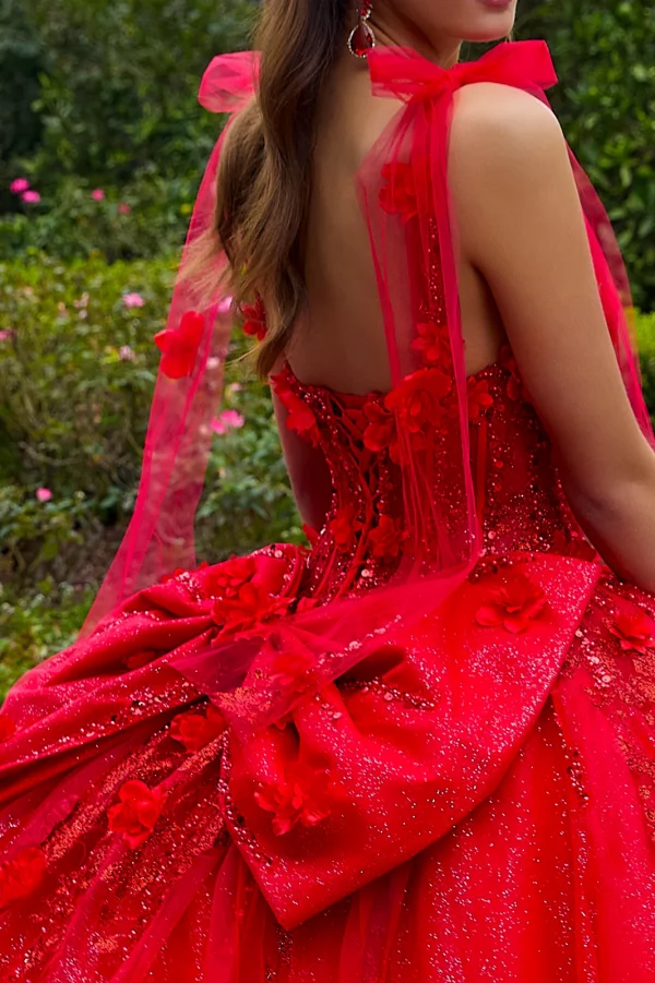 Rear View of Floor-Length V-Neck Ballgown with Corset Bodice