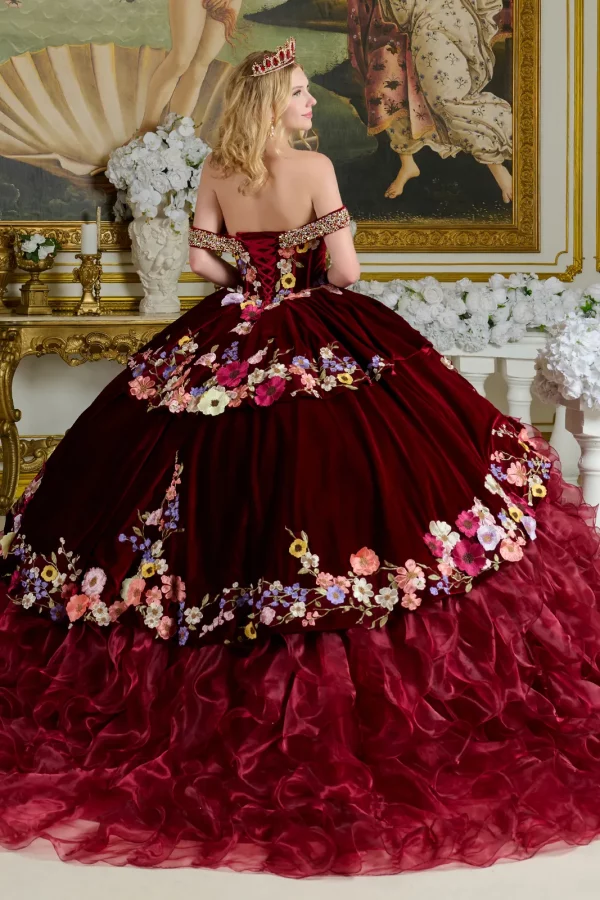 Rear View of Tiered Velvet Off-Shoulder Dress