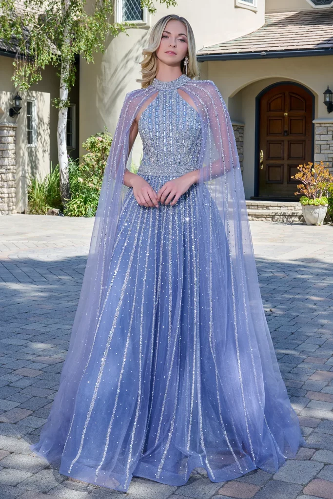 Floor-Length A-Line Tulle Gown with Raglan Cape Sleeves
