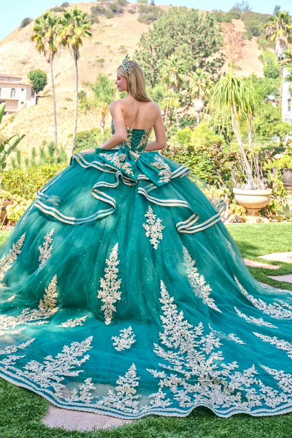 Rear View of Green Strapless V-Neck Ball Gown