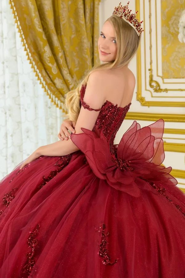 Rear View of Spaghetti Strap Ball Gown with Beads, Glitter, and Sequins