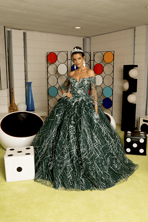 Girl in an off-shoulder Quinceanera gown with lined design