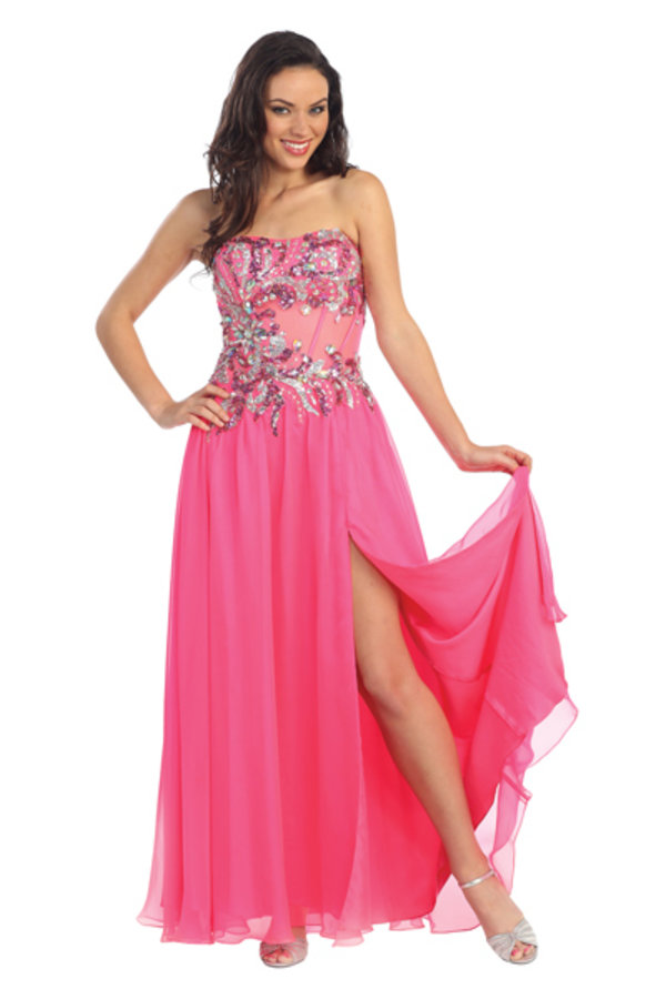 Teen Girl In Pink Jewel And Sequin Embellished Strapless Chiffon Long Dress With Sheer Cut Out And Side Slit