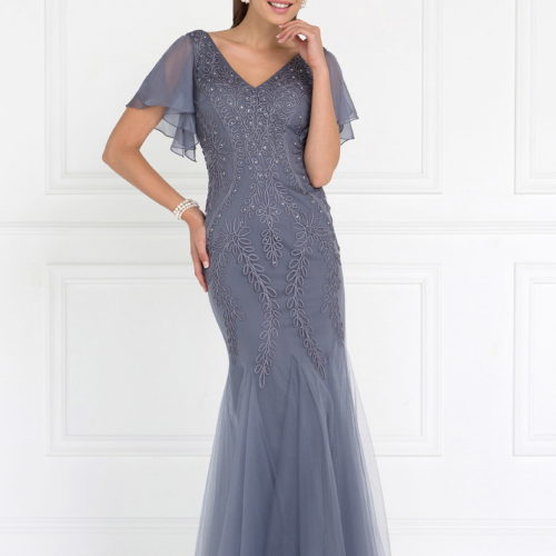 silver floor length embroidered tulle trumpet dress