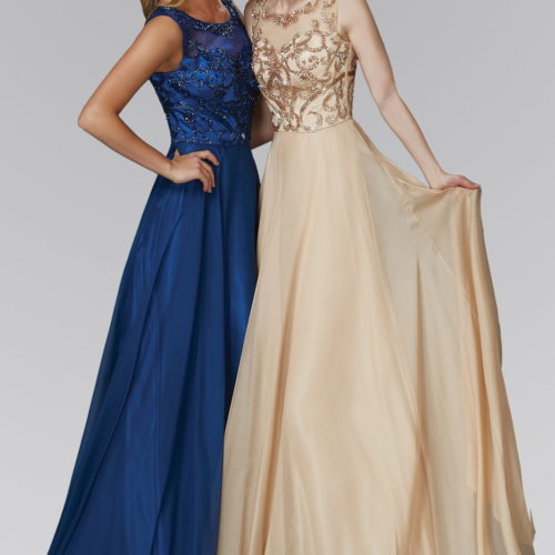 two girls wearing nude and navy chiffon long dress with beaded bodice