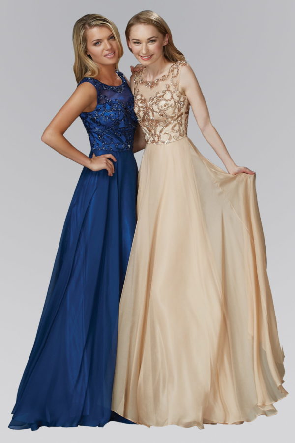 two girls wearing nude and navy chiffon long dress with beaded bodice