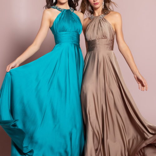 two women in halter gowns