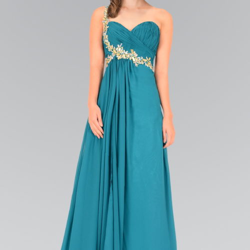 woman in a teal asymmetrical gown