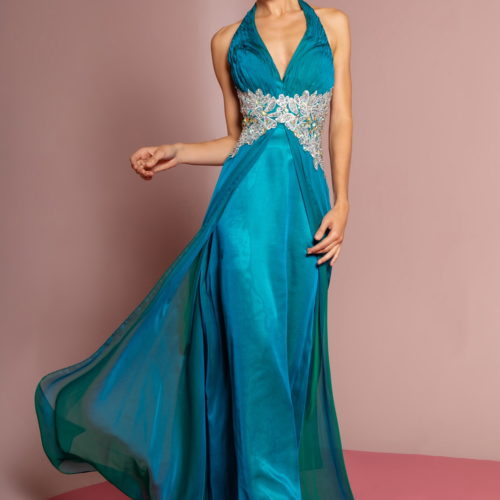 woman in teal v-neck gown