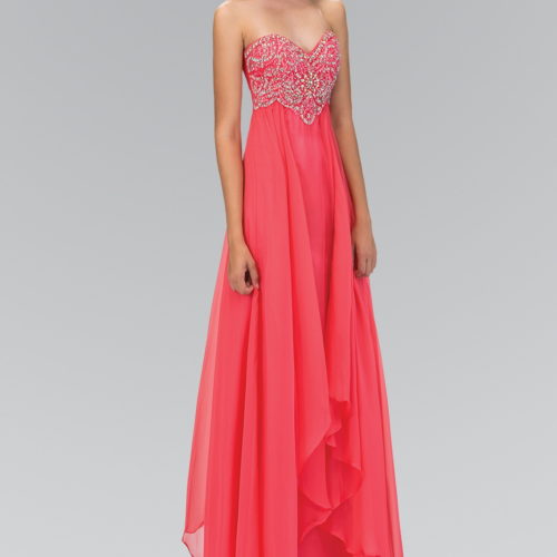 woman in coral strapless gown