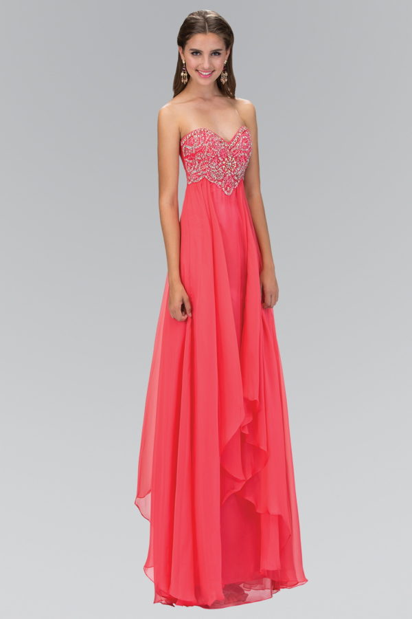 woman in coral strapless gown