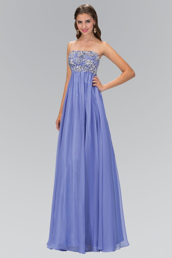 Perry blue beads and jewel decorated empire waist chiffon long dress