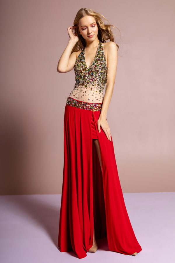 woman in red and nude v-neck gown