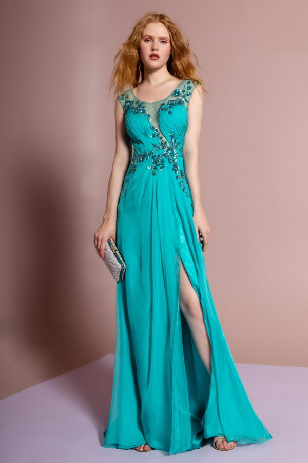 woman in teal gown