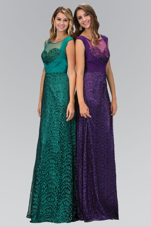 two women in green and purple gowns
