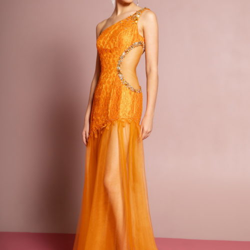 Orange One Shoulder Jewel Embellished Open Back Long Dress