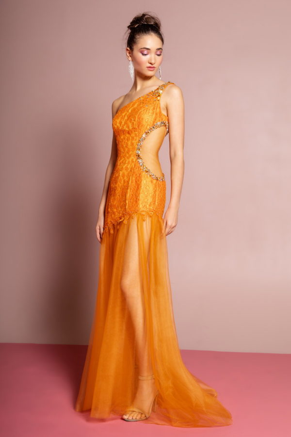 woman in orange asymmetrical gown
