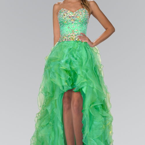 woman in lime green strapless gown