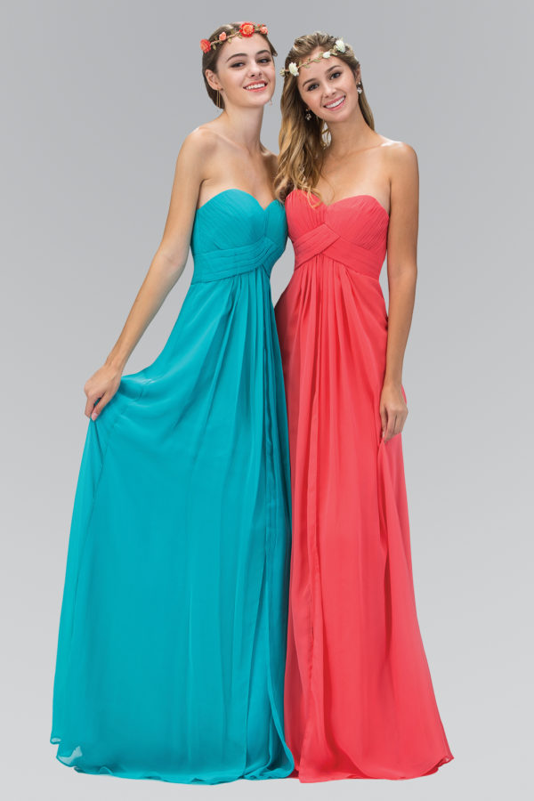 2 bridesmaids in long strapless chiffon dresses