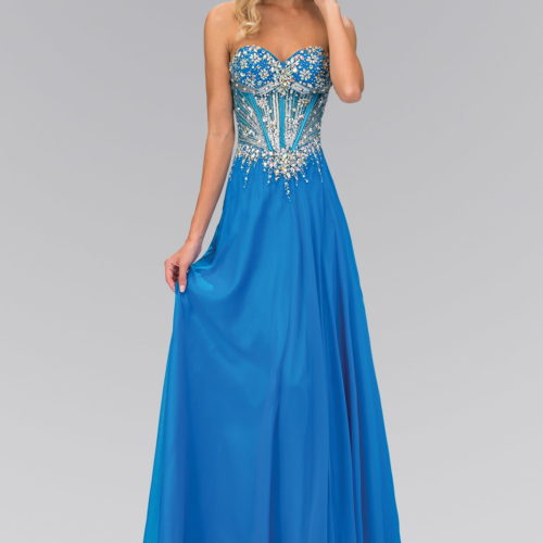 Teen Girl In Blue Strapless Sweetheart Chiffon Floor Length Dress With Jeweled Bodice