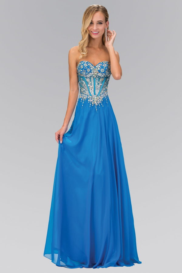 Teen Girl In Blue Strapless Sweetheart Chiffon Floor Length Dress With Jeweled Bodice