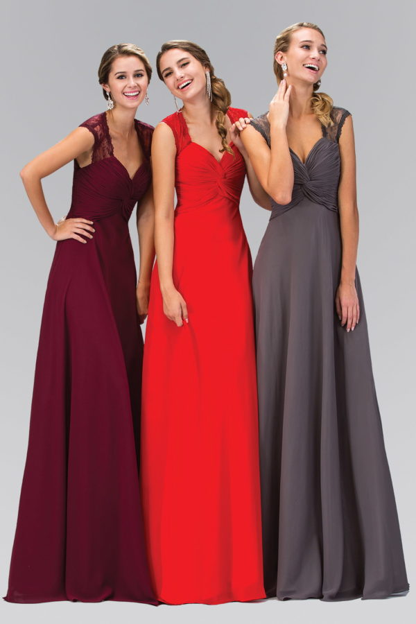 three girls wearing lace empire cut dress in different colors