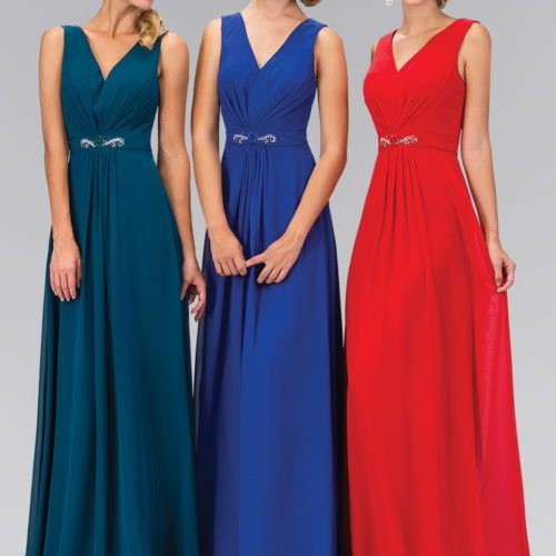 three girls wearing floor length chiffon dress in different colors
