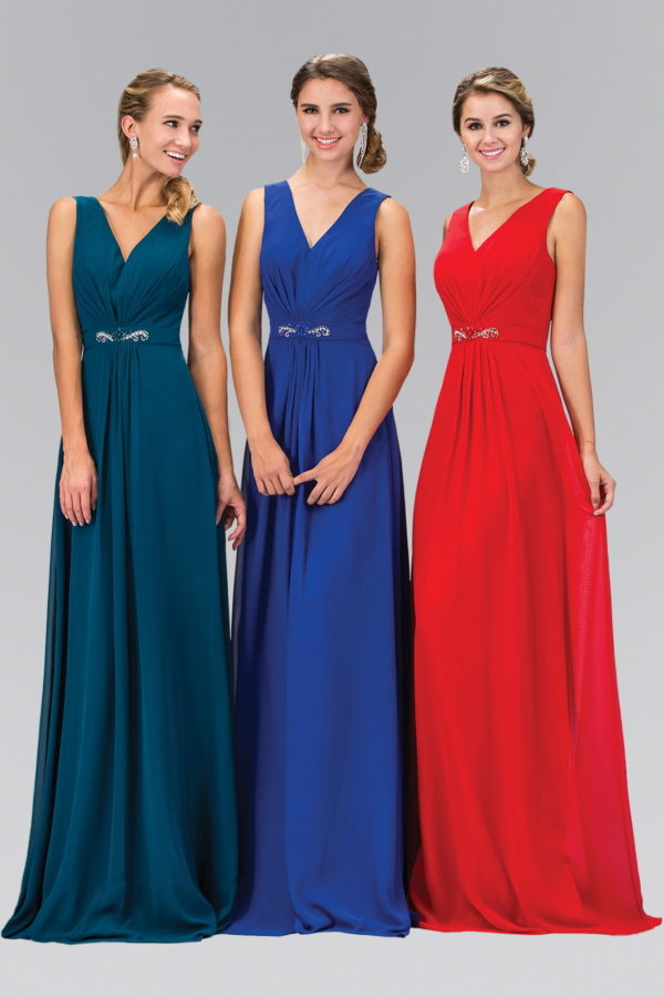 three girls wearing floor length chiffon dress in different colors
