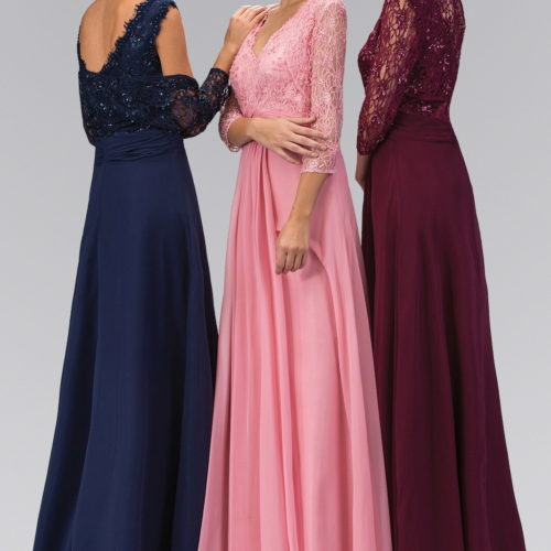 three girls wearing floor length lace sequined dress in different colors