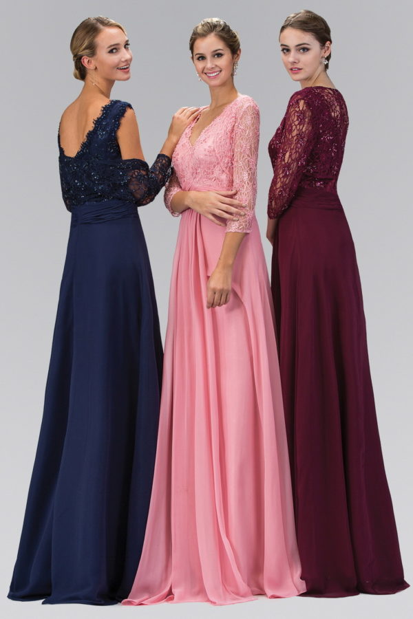 three girls wearing floor length lace sequined dress in different colors