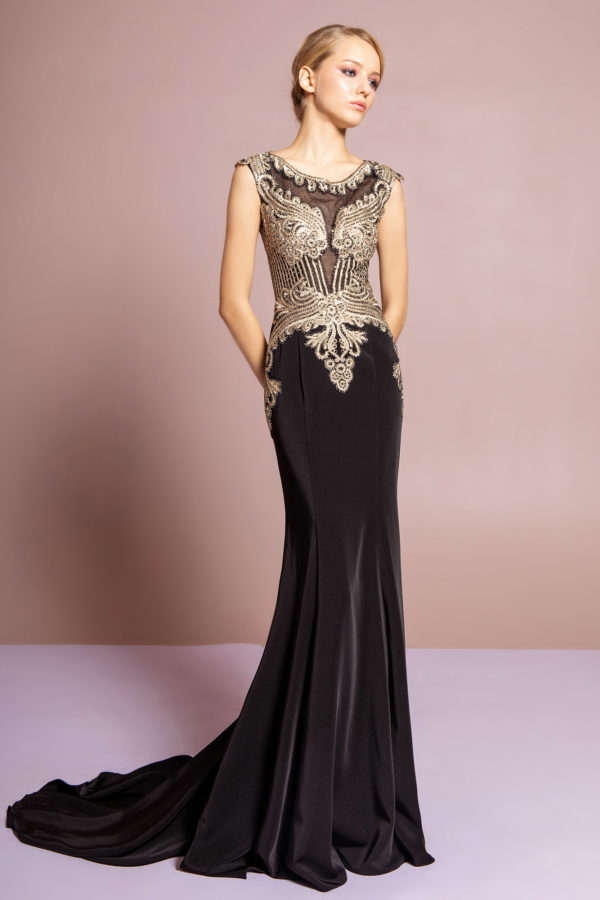 black jewel embellished jersey long dress