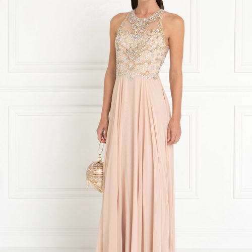 Teen Girl In Champagne Chiffon A-Line Long Dress With Beads And Jewels Embellished