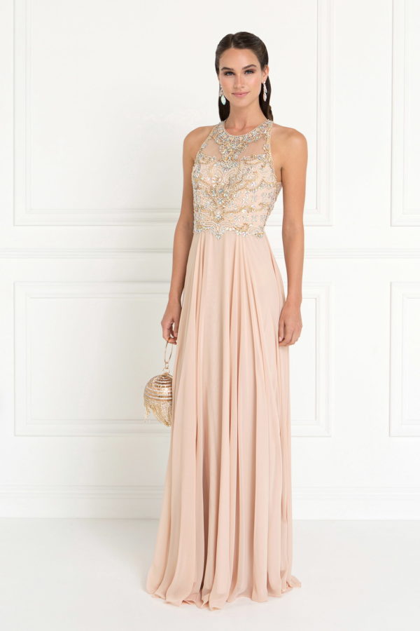 Teen Girl In Champagne Chiffon A-Line Long Dress With Beads And Jewels Embellished