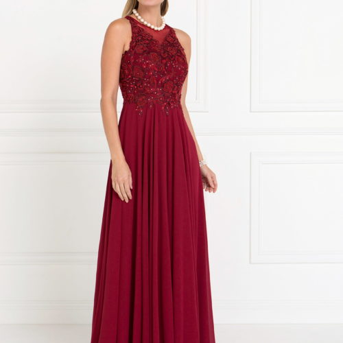 burgundy chiffon high neck aline dress