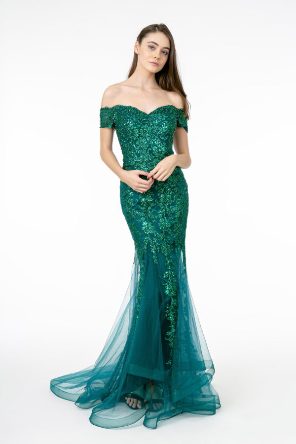 Off-Shoulder Emerald Green Long Prom Dress