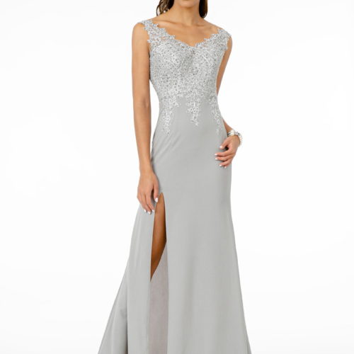 silver embroidered jersey mermaid dress with slit