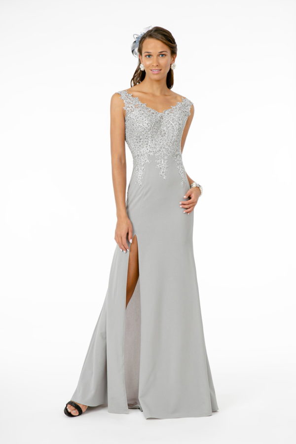 silver embroidered jersey mermaid dress with slit