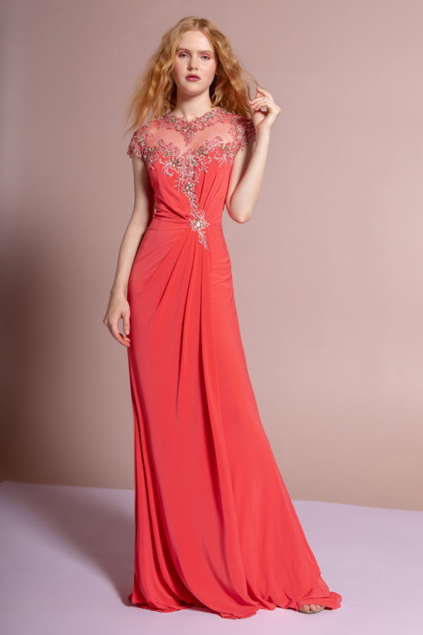 woman in coral gown