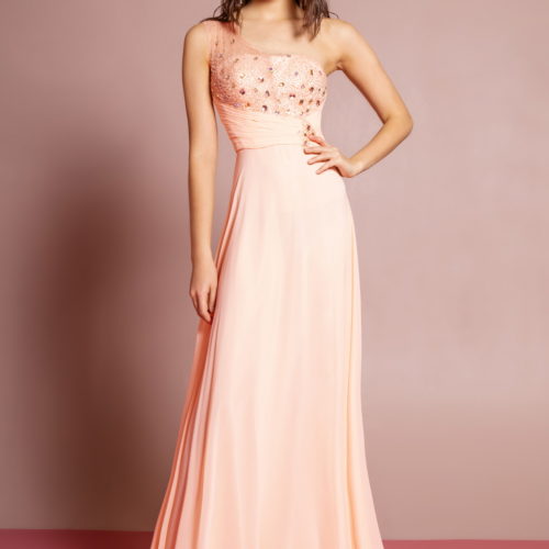 Peach Beads and Jewel Embellished Chiffon Long Dress
