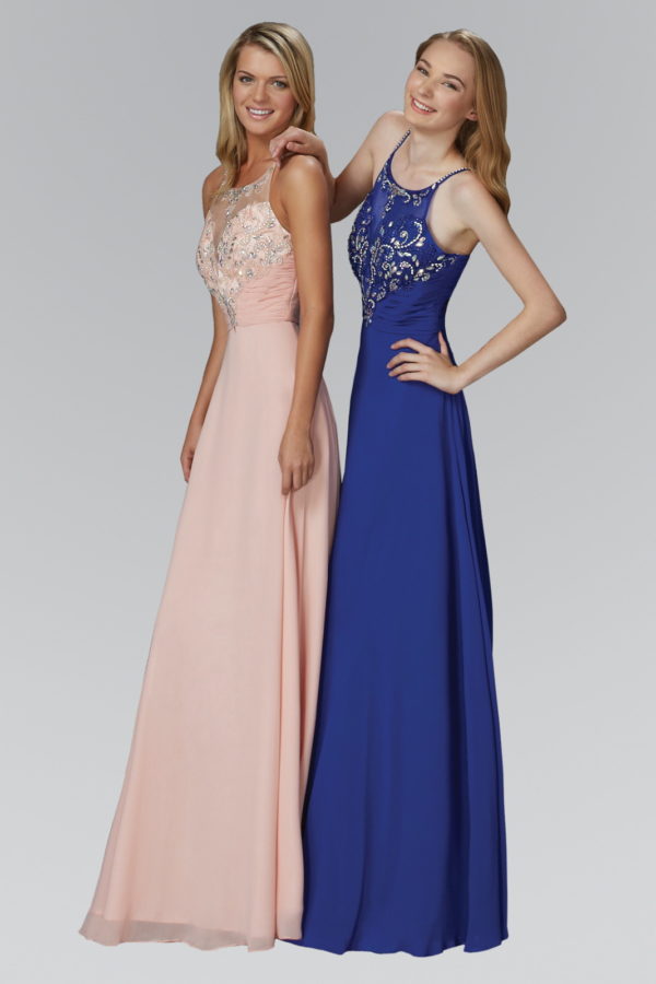 two women in blue and pale pink gowns