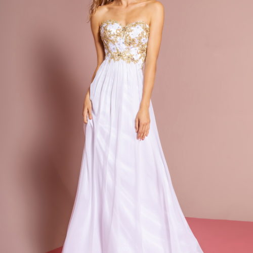 White Lace and Beads Embellished Open Back Strapless Long Dress