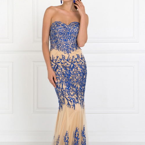 woman in blue and nude gown