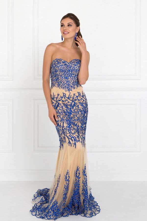 woman in blue and nude gown