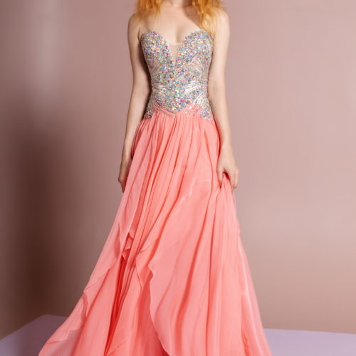 woman in sequined coral gown