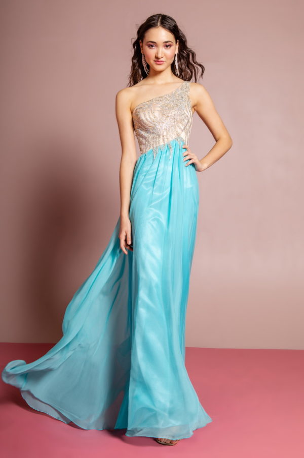 woman in blue and gold gown