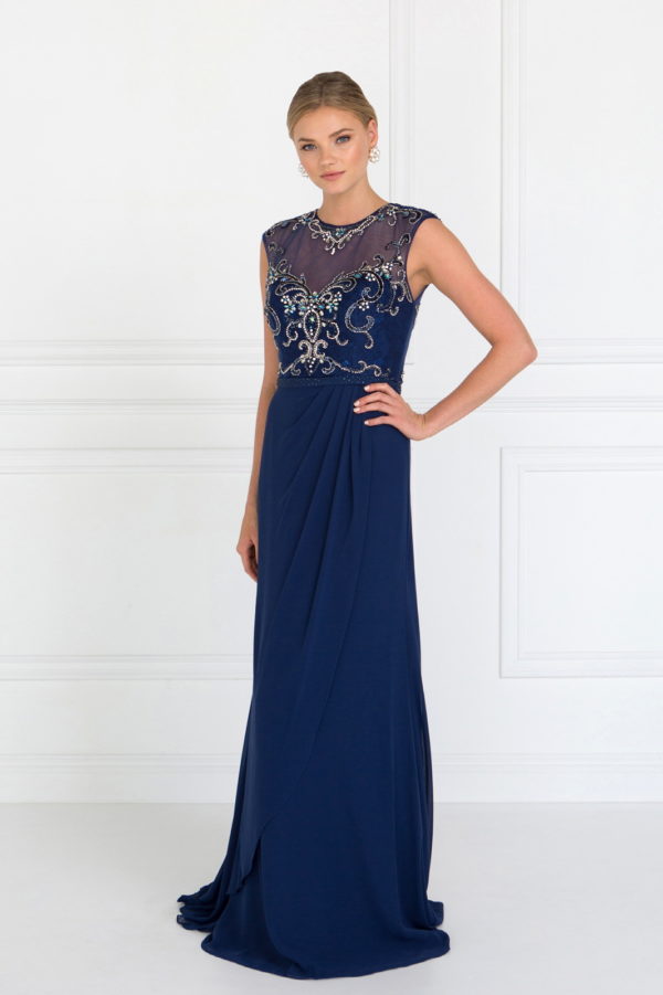 woman in navy blue gown