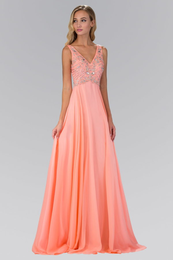 Teen Girl In Peach V Neck And Back Chiffon Floor Length Dress With Jewel And Sequin Bodice