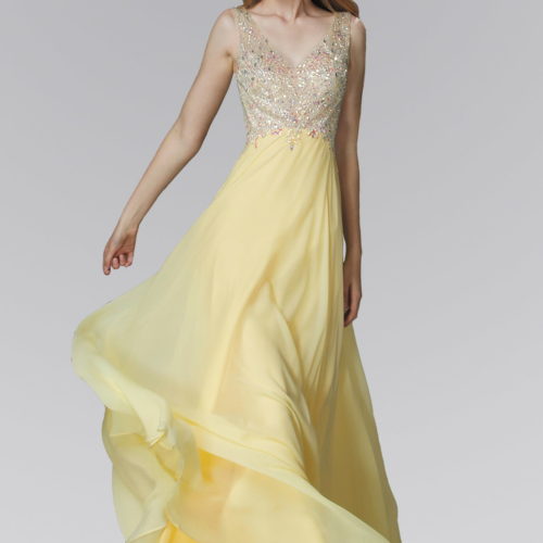 Teen Girl In Yellow V-Neck Chiffon Floor Length Dress With Jewel Embellished Bodice