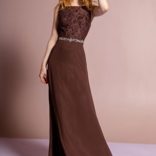 brown floor length jewel crusted lace dress