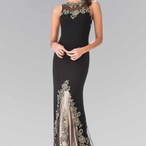 black floor length high neck dress accented with embroidery